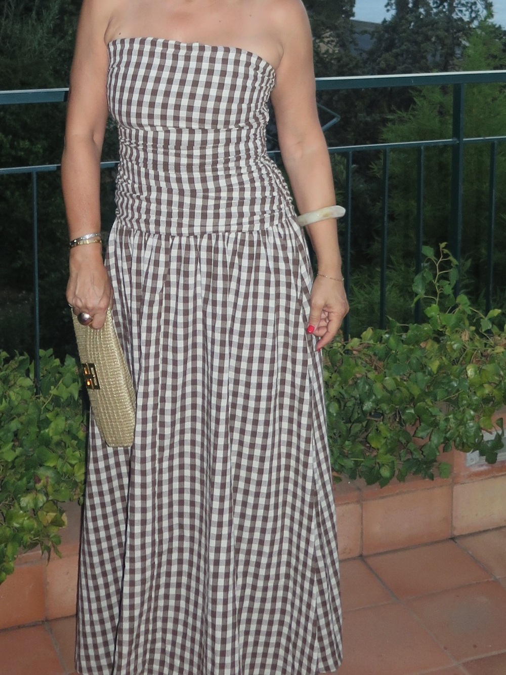 Strapless Brown & White Gingham Maxi Dress